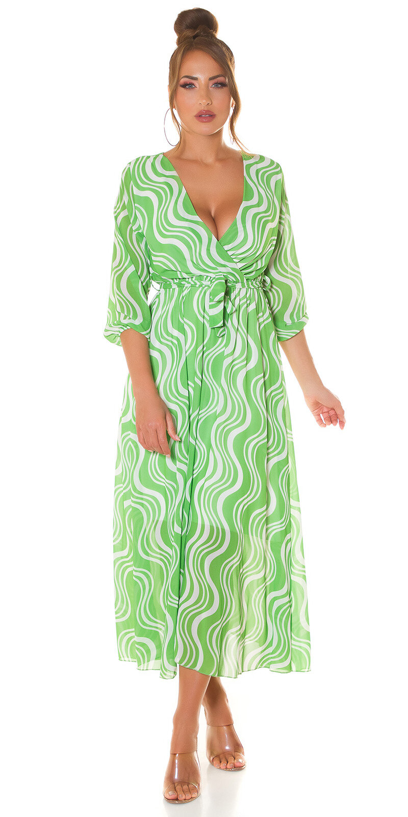 Vzorované maxi šaty s viazaním Zelená