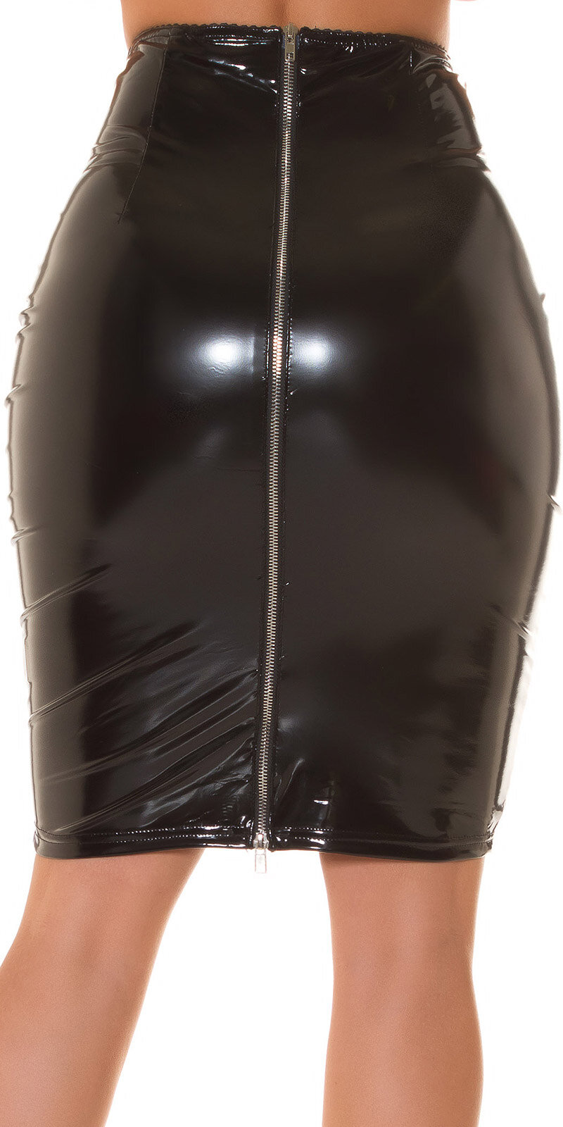 Latexová sukňa po kolená so zipsom Čierna