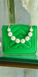Mini dámska kabelka s perlami Tmavá zelená