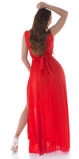 Dlhé saténové šaty s kamienkovým opaskom Červená