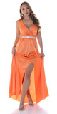 Dlhé saténové šaty s kamienkovým opaskom Oranžová