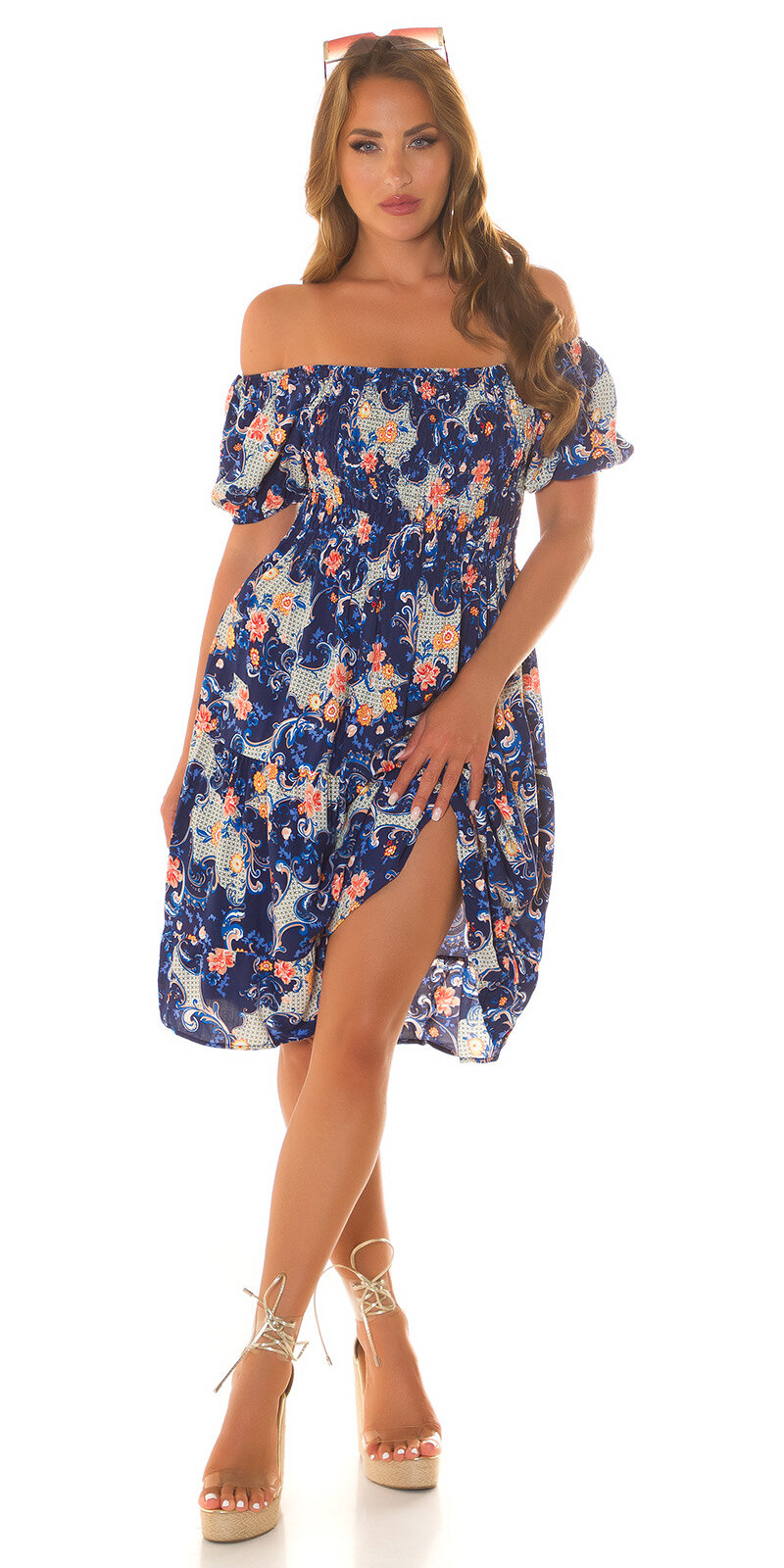 Letné viskózové šaty s odhalenými ramenami Tmavomodrá
